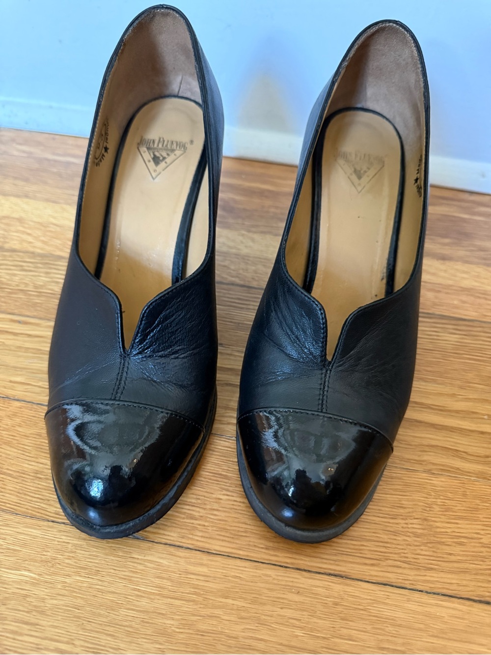 John Fluevog Black Leather Pumps with Patent Cap Toe